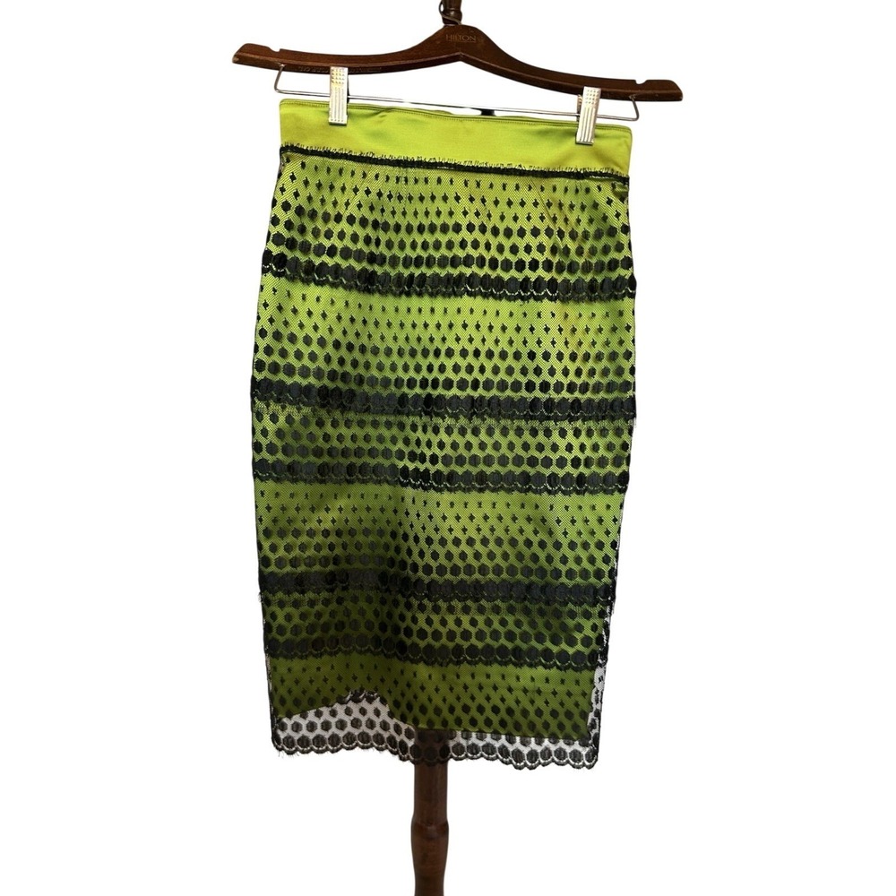 Zac Posen Lime Green and Black Lace Pencil Skirt Size 4